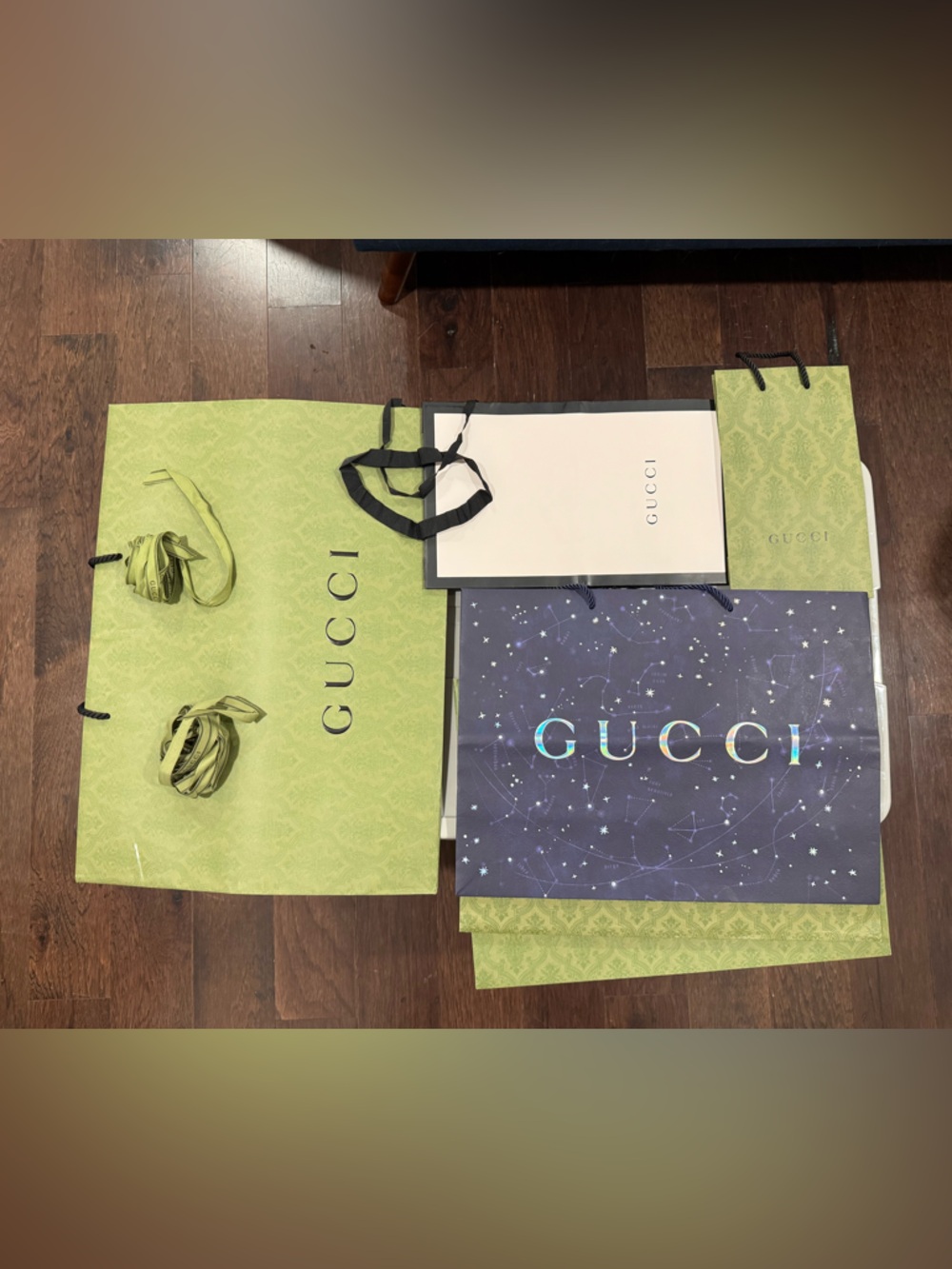 Set of 6 Gucci Shopping Bags - Green, Navy, White/Black - Multiple Sizes